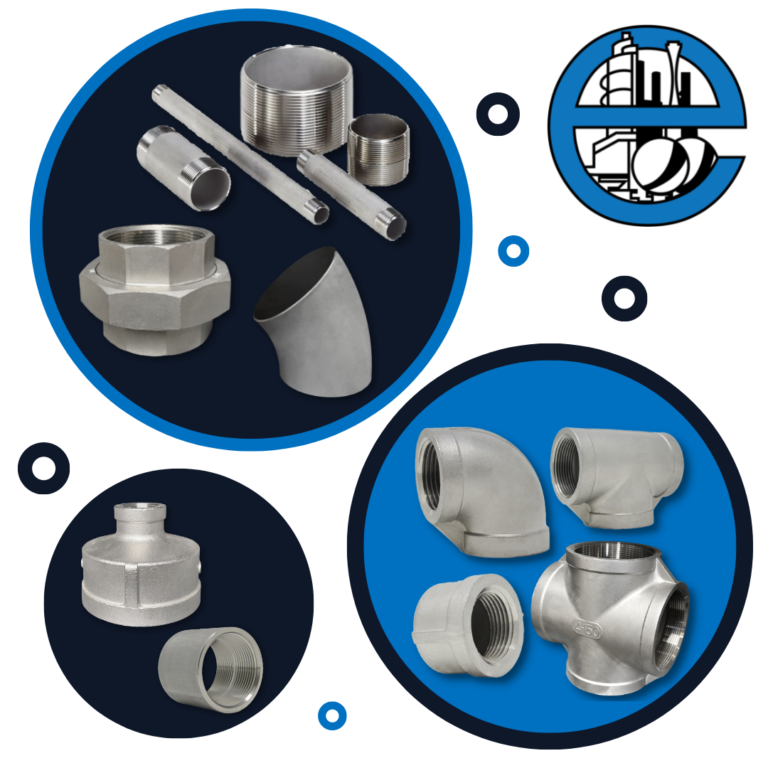 Energy Pipe & Supply offers stainless steel pipe fittings. This picture shows pipe nipples, elbows, tees, reducers, crosses, caps, and couplings.