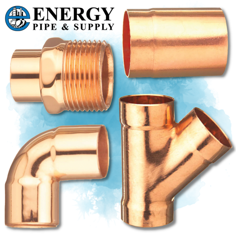 Energy Pipe & Supply now offers copper fittings. This picture shows several different copper fittings.